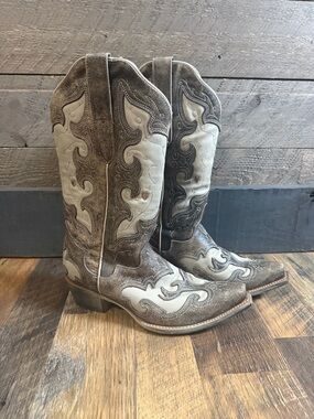 JB Dillon Reserve Western Cowboy Boots Brown Cream Embroidered Leather Size 9